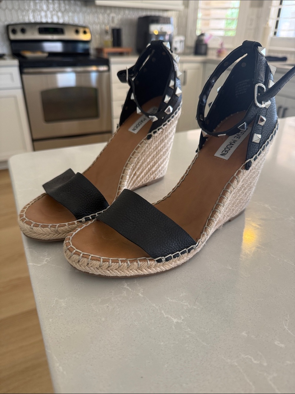 Steve Madden Black Leather Espadrille Wedge Sandals with Studded Ankle Strap